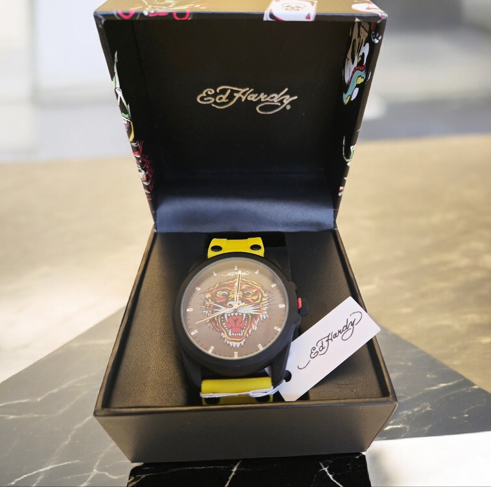 NEW Ed Hardy Matte Yellow Silicone Strap Watch 46mm Y2K